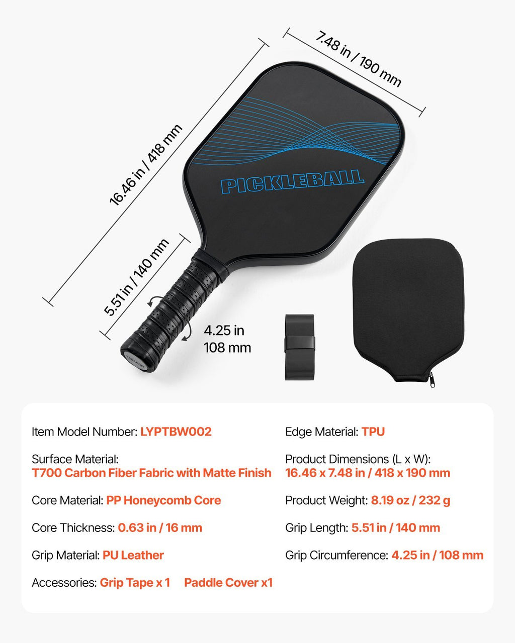 Pro Carbon Fiber Pickleball Paddle Honeycomb Core Racket For Adults Blue
