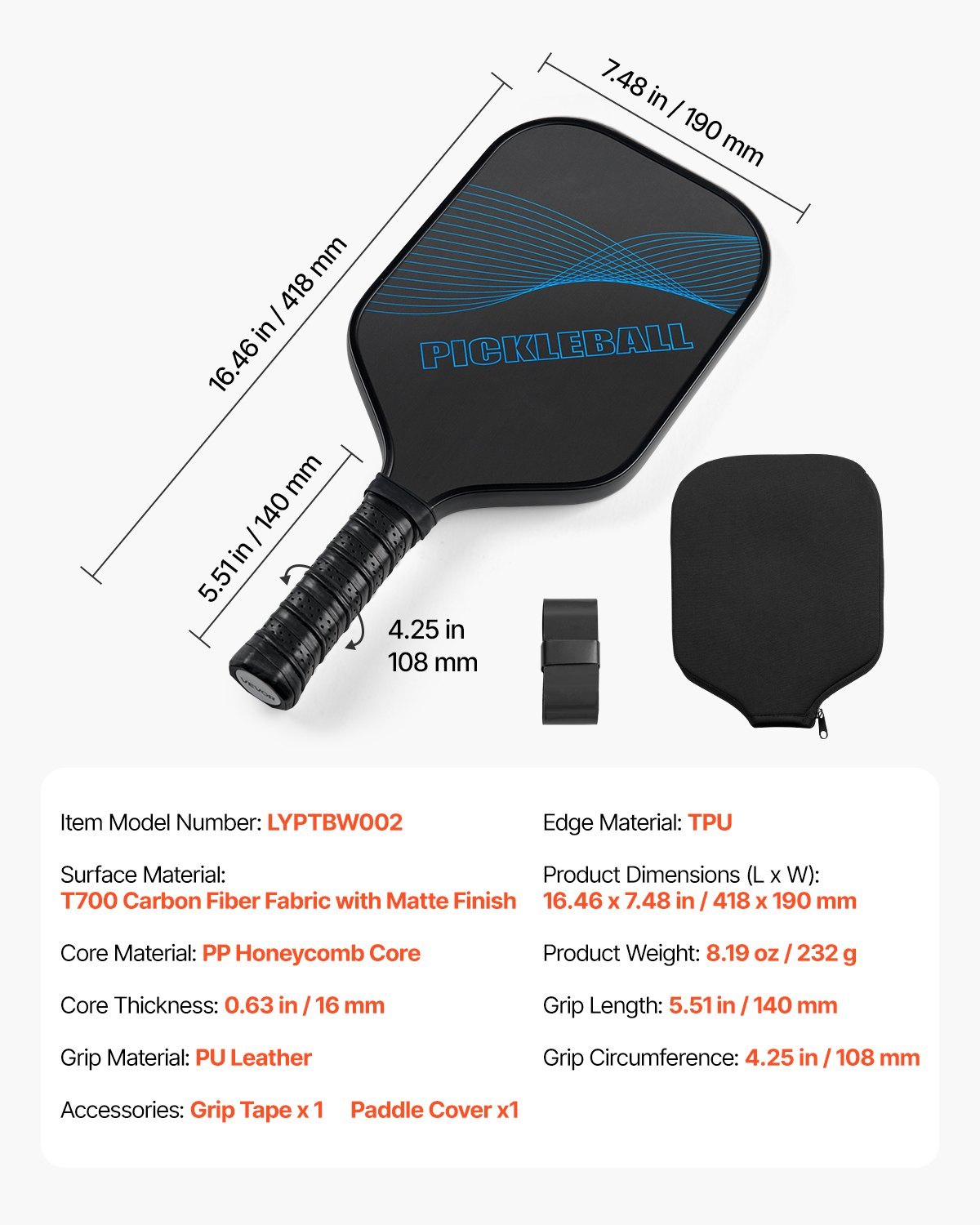 Pro Carbon Fiber Pickleball Paddle Honeycomb Core Racket For Adults Blue