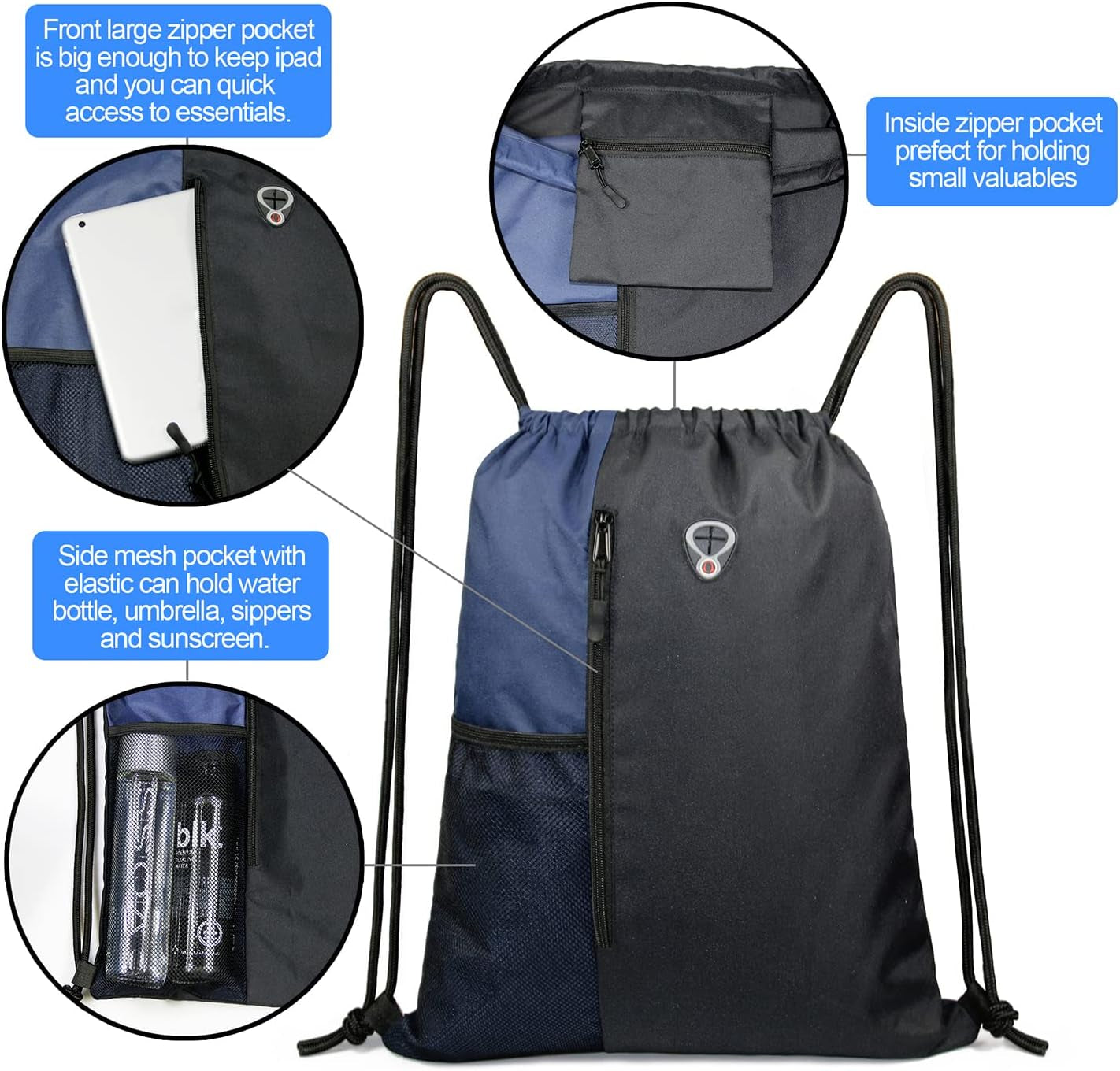 Large Drawstring Backpack Sports Gym Bag for Men and Women with Dual Zipper Pockets and Mesh Water Bottle Holders in Black and Navy