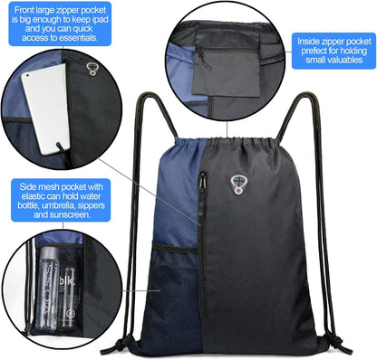 Large Drawstring Backpack Sports Gym Bag for Men and Women with Dual Zipper Pockets and Mesh Water Bottle Holders in Black and Navy