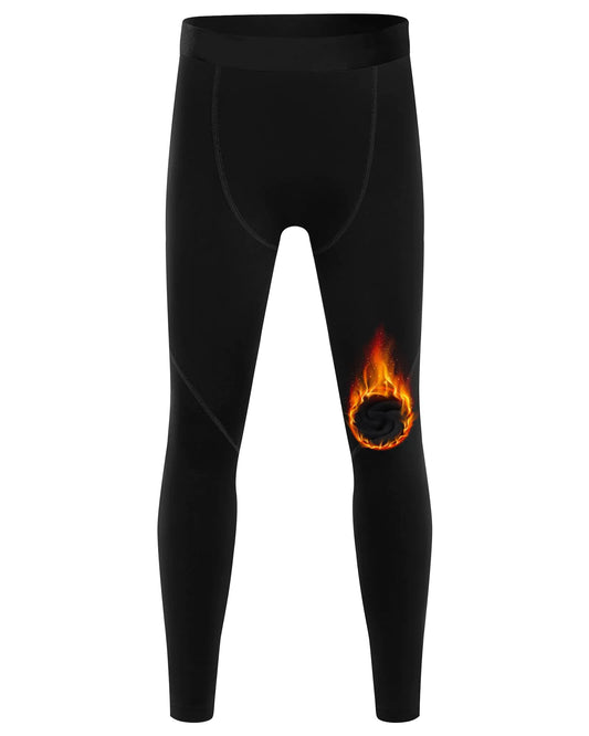 Blueleaf Boys Thermal Compression Pants - Youth Fleece Lined Athletic Leggings Kids Thermal Base Layer Sports Tights Cold Weather Gear Black S
