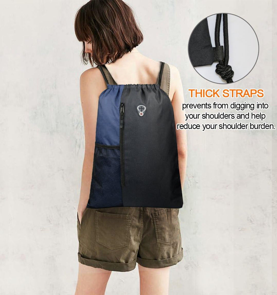 Large Drawstring Backpack Sports Gym Bag for Men and Women with Dual Zipper Pockets and Mesh Water Bottle Holders in Black and Navy