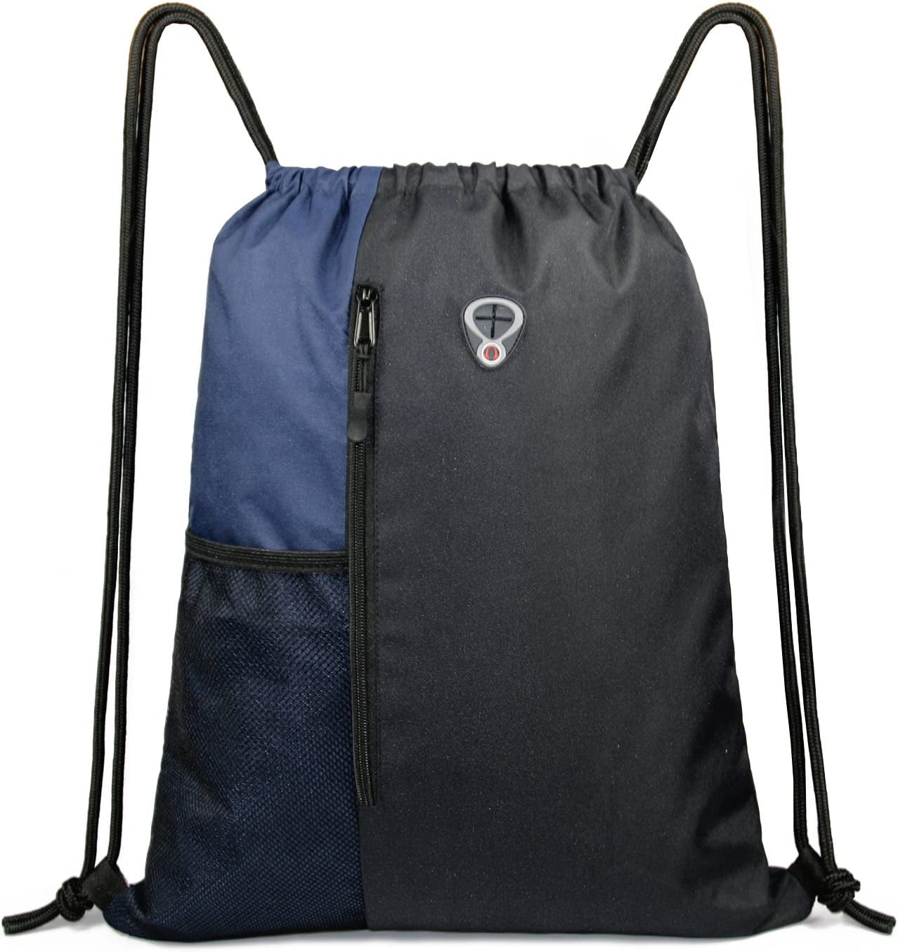 Large Drawstring Backpack Sports Gym Bag for Men and Women with Dual Zipper Pockets and Mesh Water Bottle Holders in Black and Navy