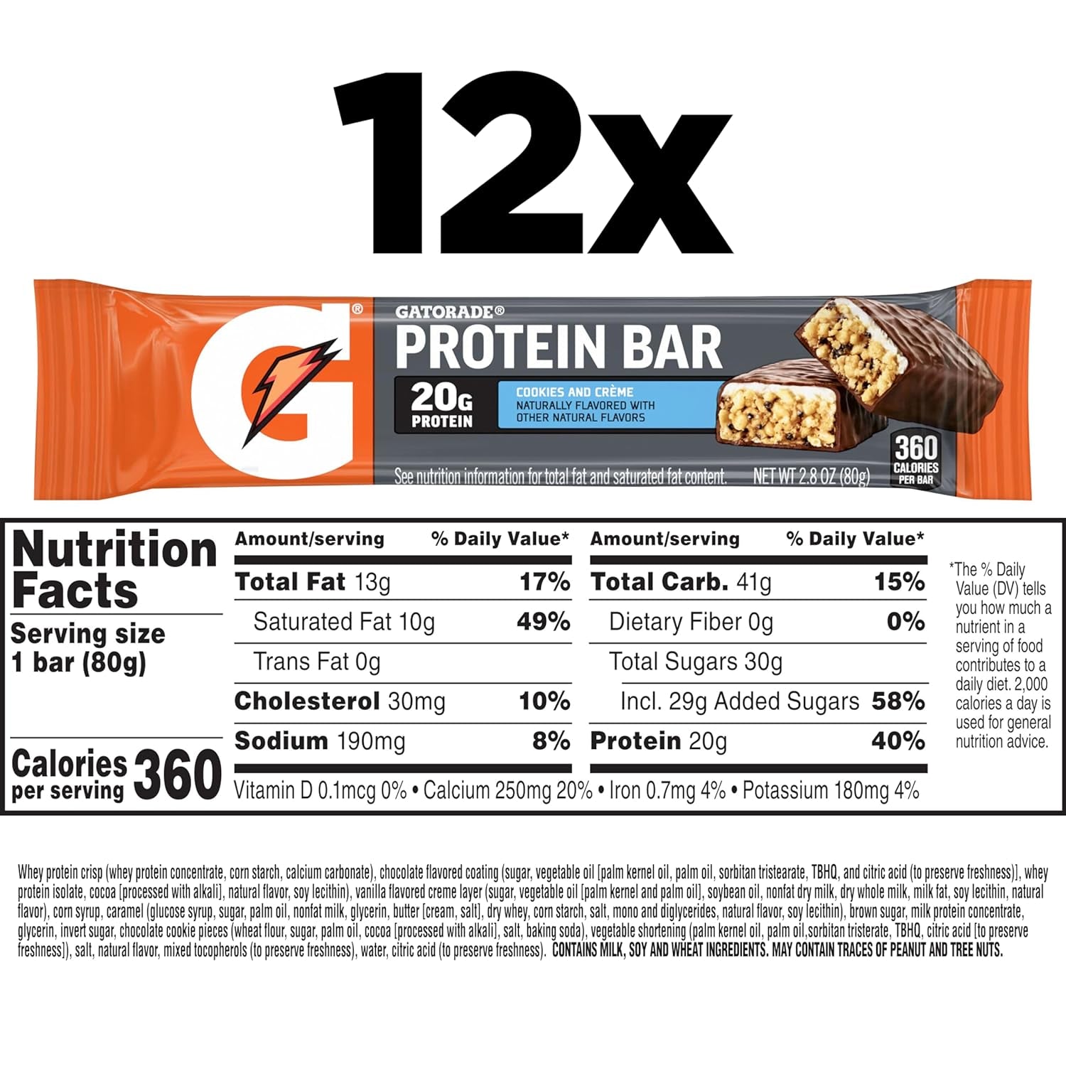 Whey Protein Bars, Cookies & Crème Flavor, 2.8 Oz (Pack of 12, 20G Protein per Bar)