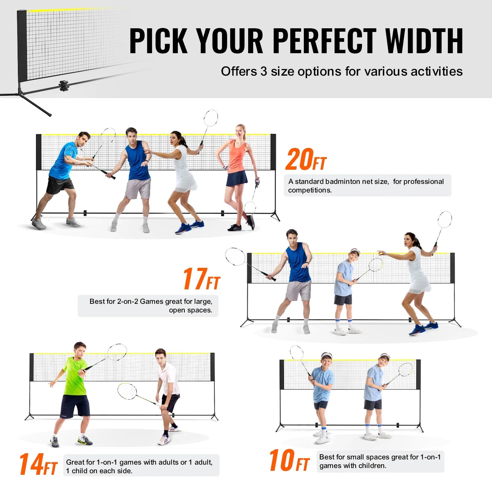 Multi-Sport Net Set, Adjustable Height for Badminton, Pickleball, and Tennis, 17Ft Width, Foldable and Portable Design with Poles, Base, and Travel Bag, Ideal for Family Fun