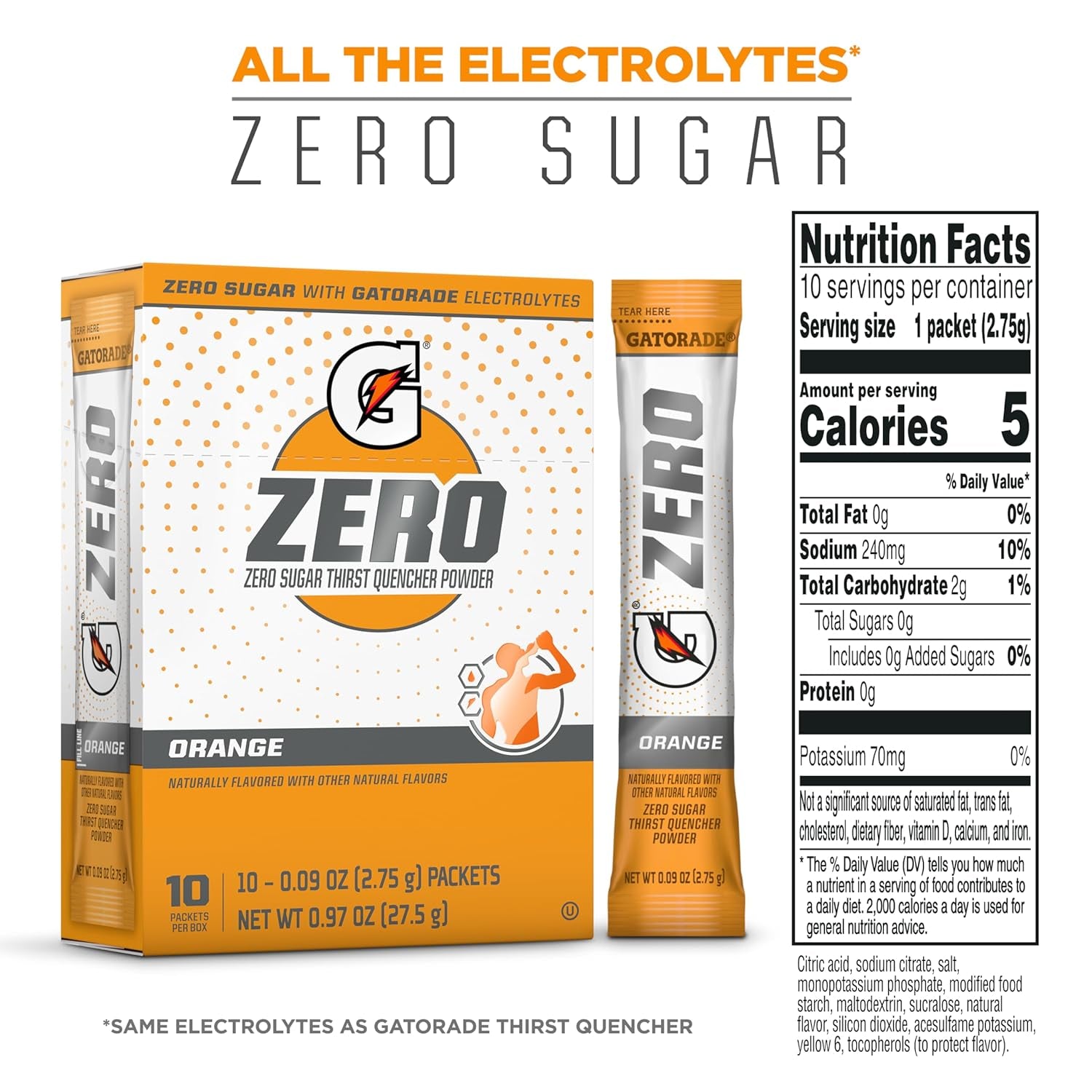 G Zero Electrolyte Powder Drink Mix Packets, Orange Flavor, Sugar-Free Hydration, 120 Count