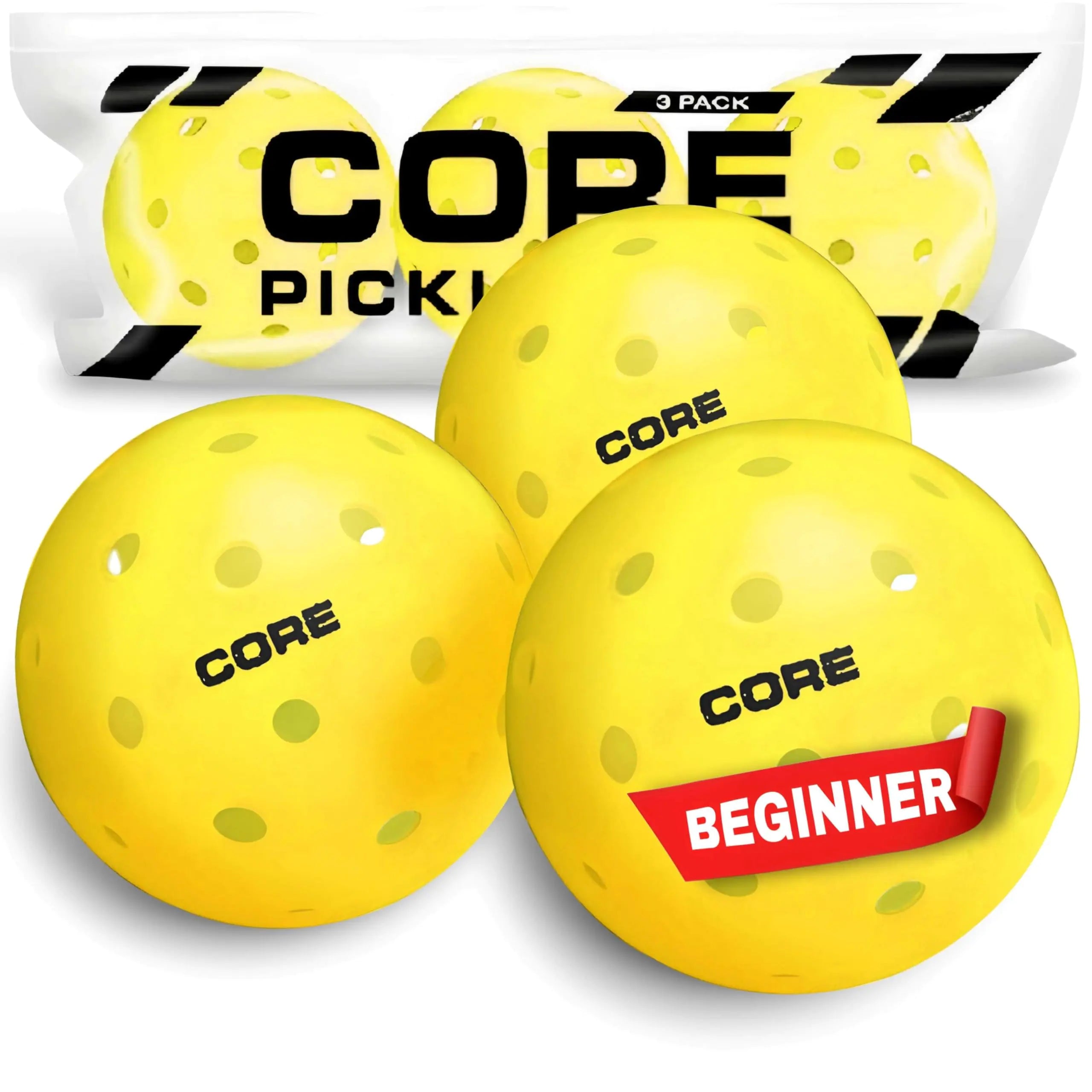 CORE 40-Hole Outdoor Pickleball Balls, Crack-Resistant, USAPA Approved, 3-Pack (Yellow)