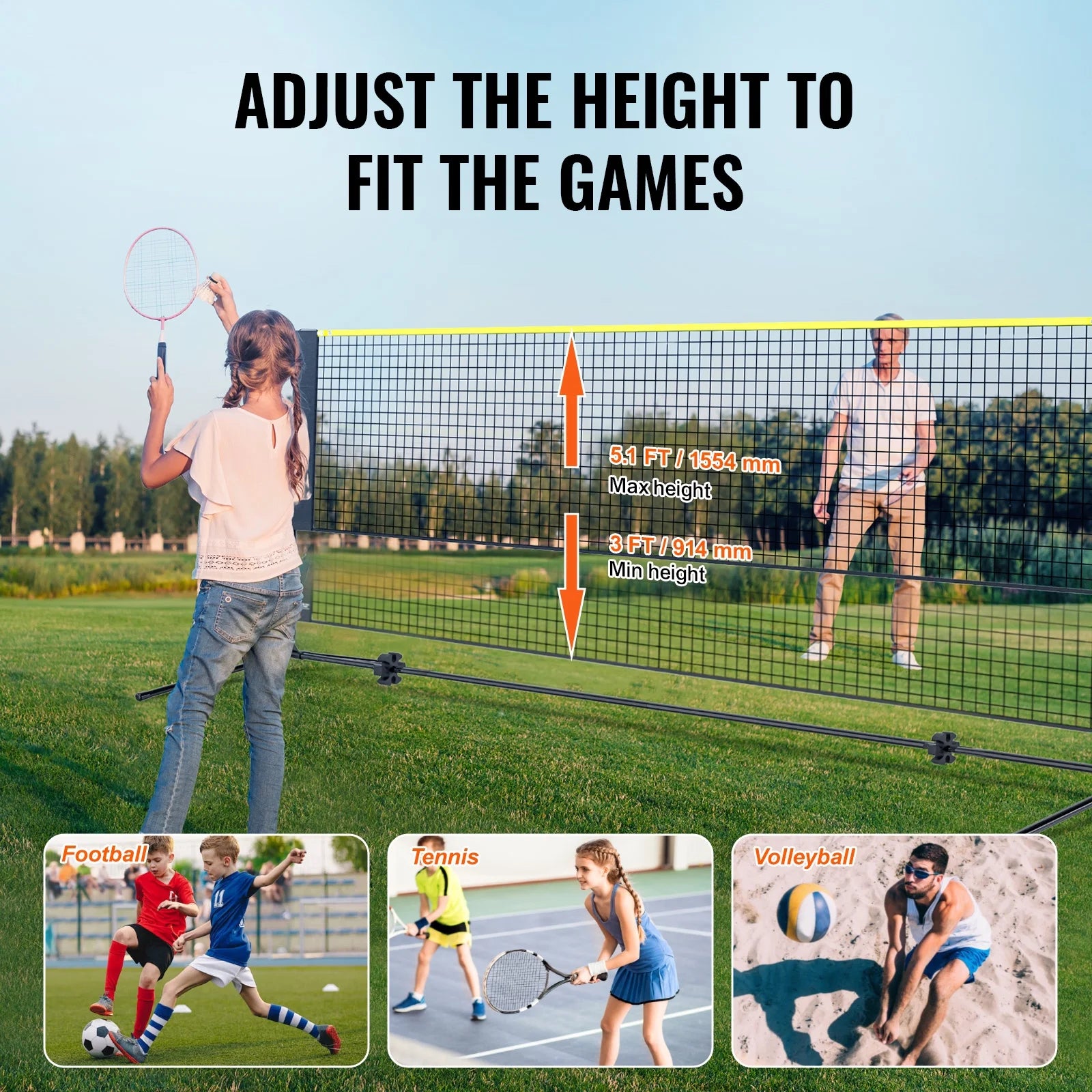 Multi-Sport Net Set, Adjustable Height for Badminton, Pickleball, and Tennis, 17Ft Width, Foldable and Portable Design with Poles, Base, and Travel Bag, Ideal for Family Fun