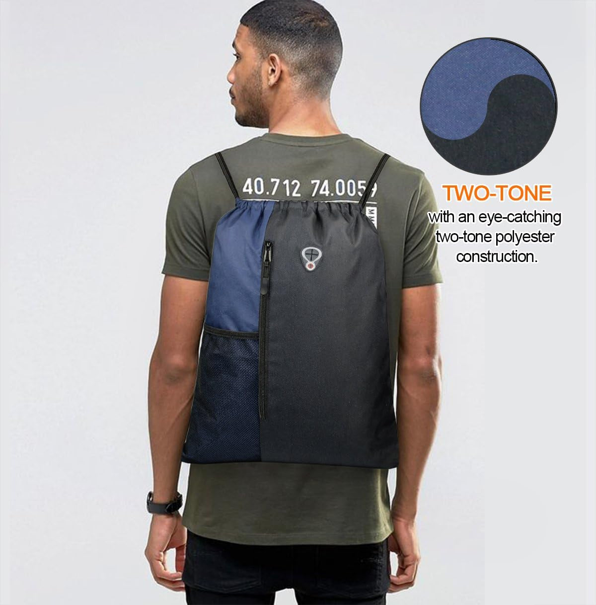 Large Drawstring Backpack Sports Gym Bag for Men and Women with Dual Zipper Pockets and Mesh Water Bottle Holders in Black and Navy