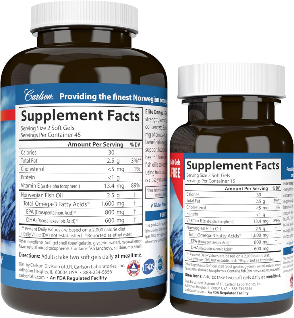 Labs Elite Omega-3 Fish Oil Softgels, 1600 mg, Natural Lemon Flavor, 2-Pack (120 Softgels Each)