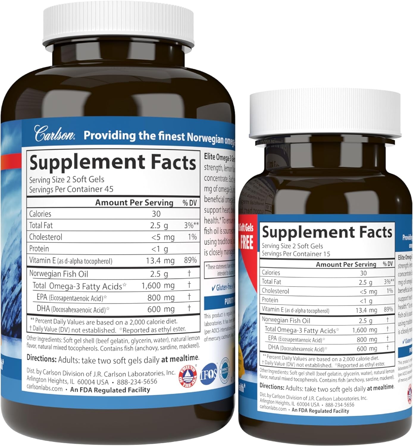 Labs Elite Omega-3 Fish Oil Softgels, 1600 mg, Natural Lemon Flavor, 2-Pack (120 Softgels Each)