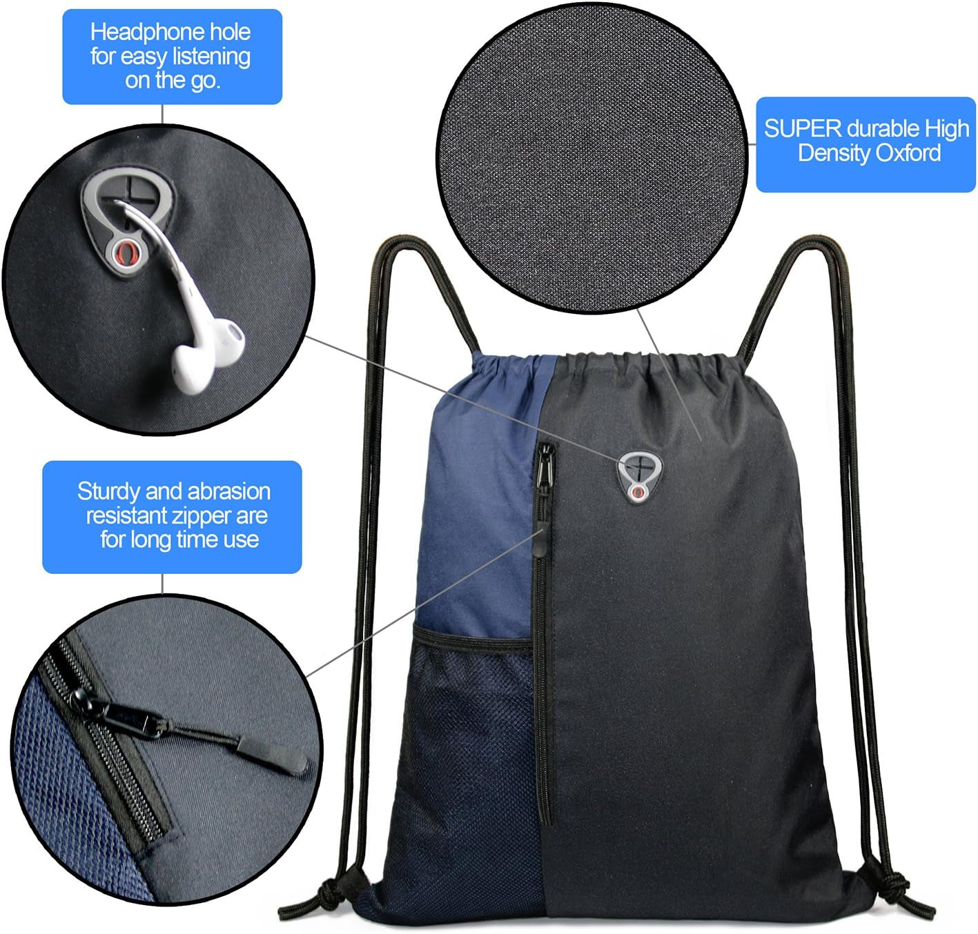 Large Drawstring Backpack Sports Gym Bag for Men and Women with Dual Zipper Pockets and Mesh Water Bottle Holders in Black and Navy