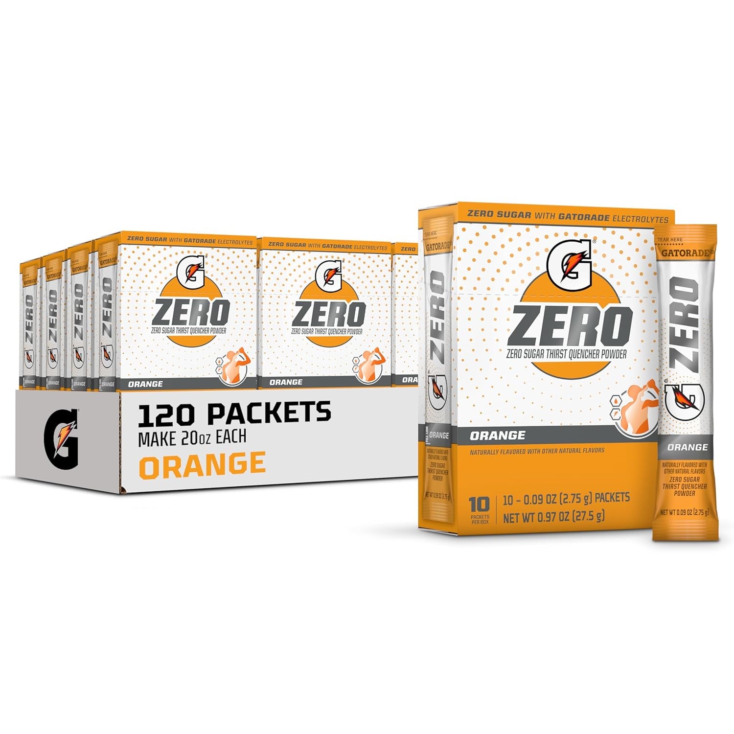 G Zero Electrolyte Powder Drink Mix Packets, Orange Flavor, Sugar-Free Hydration, 120 Count