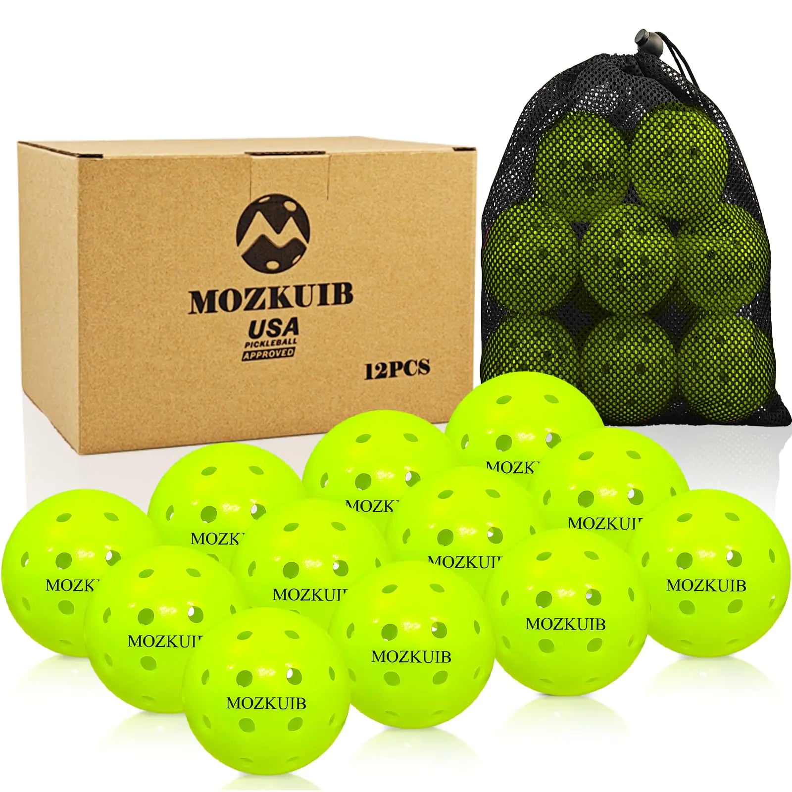 MOZKUIB Pickleball Balls, 40-Hole, High Bounce, USAPA Approved, 12-Pack with Bag (Green)