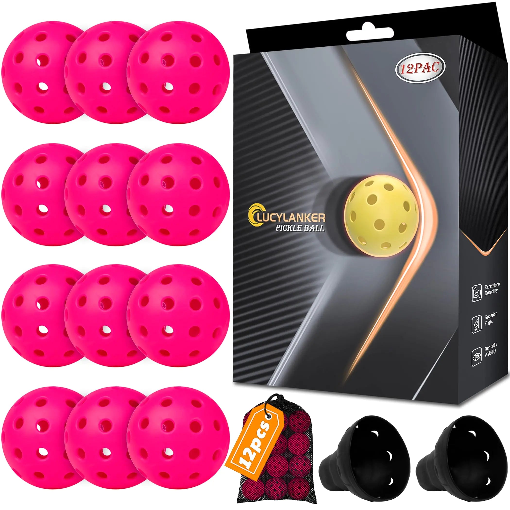 LUCYLANKER 40-Hole Outdoor Pickleball Balls, High Bounce, 12-Pack (Pink)