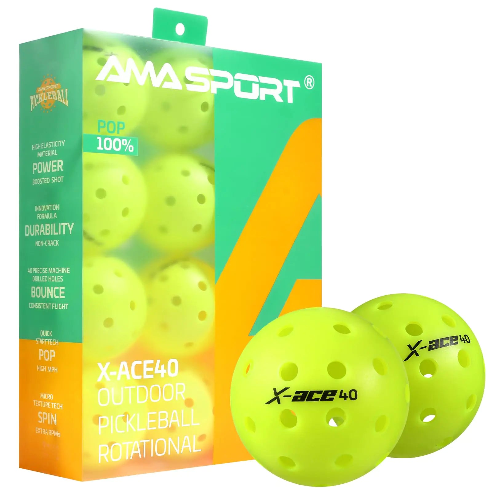 PICKLETECH AMA Sport X-ACE 40-Hole Outdoor Pickleballs, Crack-Resistant, Quick Start Tech