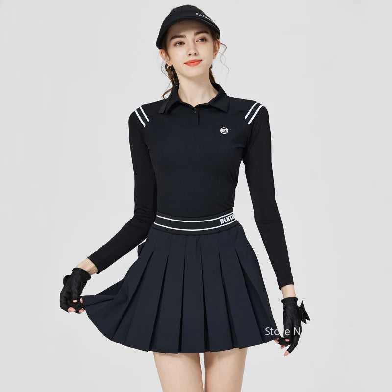 2025 New Blktee Golf Polo Shirts Women Long-Sleeved T-Shirt Ice Silk Sunscren Top Pleated Skirt High Waist Golf Skirts with Bag
