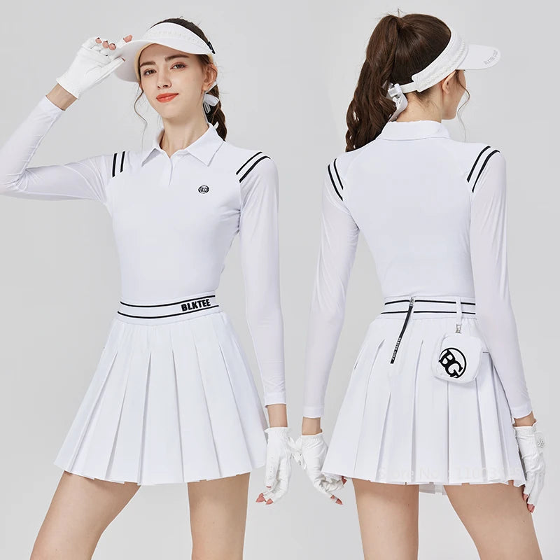 2025 New Blktee Golf Polo Shirts Women Long-Sleeved T-Shirt Ice Silk Sunscren Top Pleated Skirt High Waist Golf Skirts with Bag