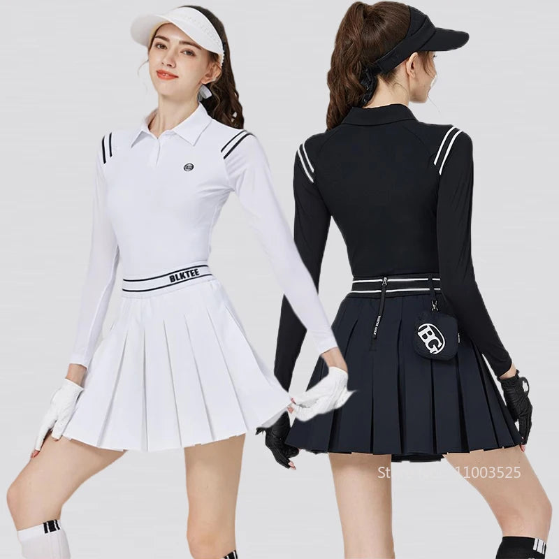 2025 New Blktee Golf Polo Shirts Women Long-Sleeved T-Shirt Ice Silk Sunscren Top Pleated Skirt High Waist Golf Skirts with Bag