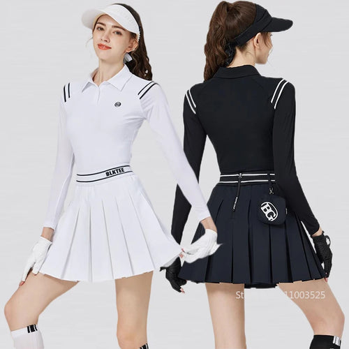 2025 New Blktee Golf Polo Shirts Women Long-Sleeved T-Shirt Ice Silk Sunscren Top Pleated Skirt High Waist Golf Skirts with Bag