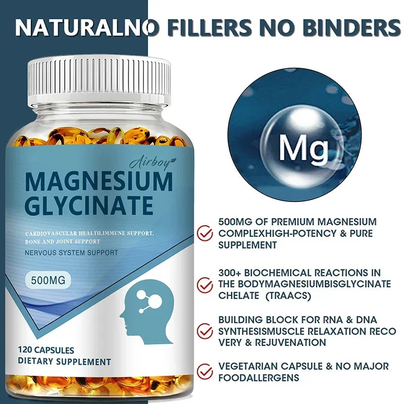 Magnesium Glycinate - Nerves System, Improve Mood Nervous, Muscles Recovery, Heart Health, Sleep Quality Support