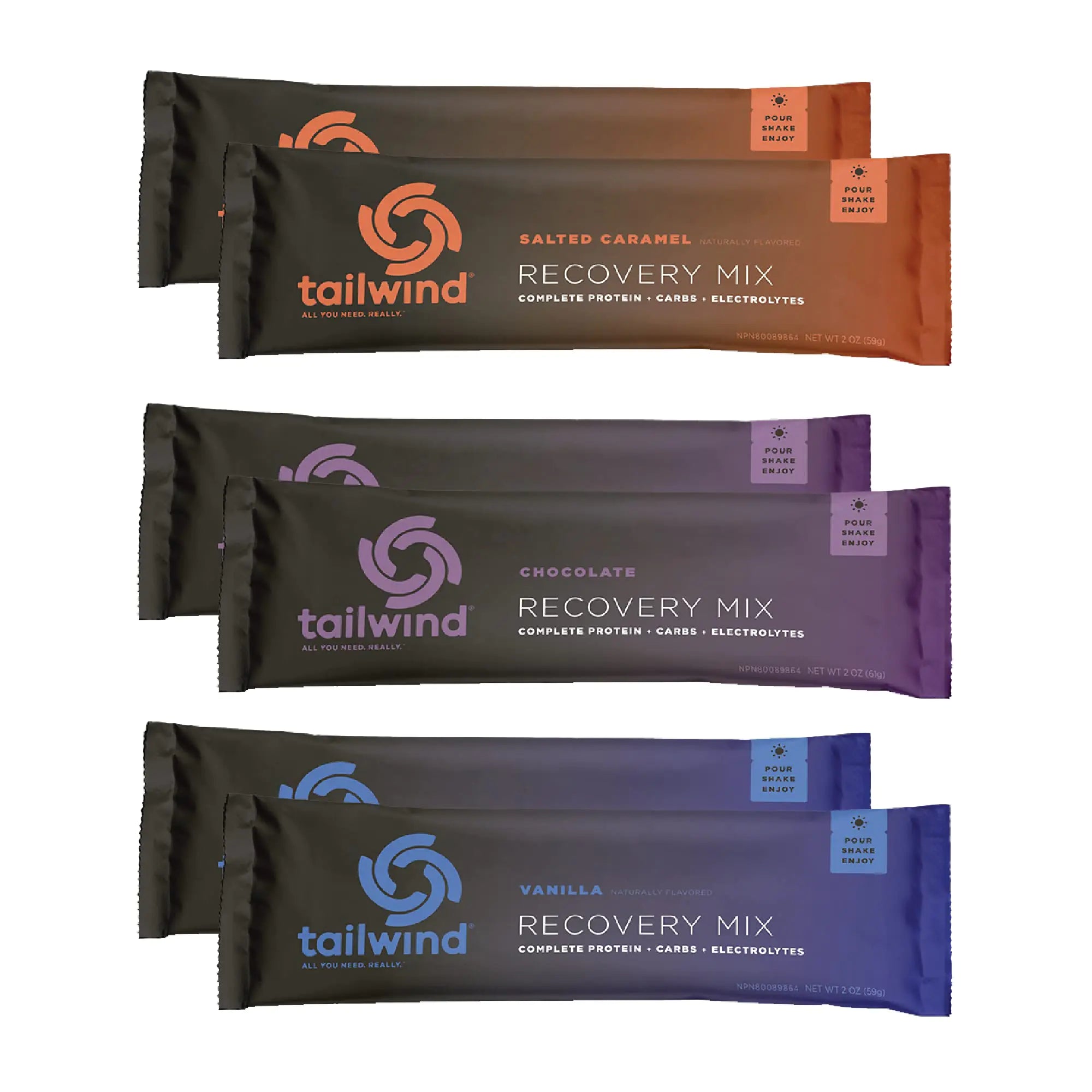 Tailwind Nutrition Grab-and-Go Recovery Mix, 6-Pack Single-Serving Sticks, Chocolate, Vanilla & Salted Caramel