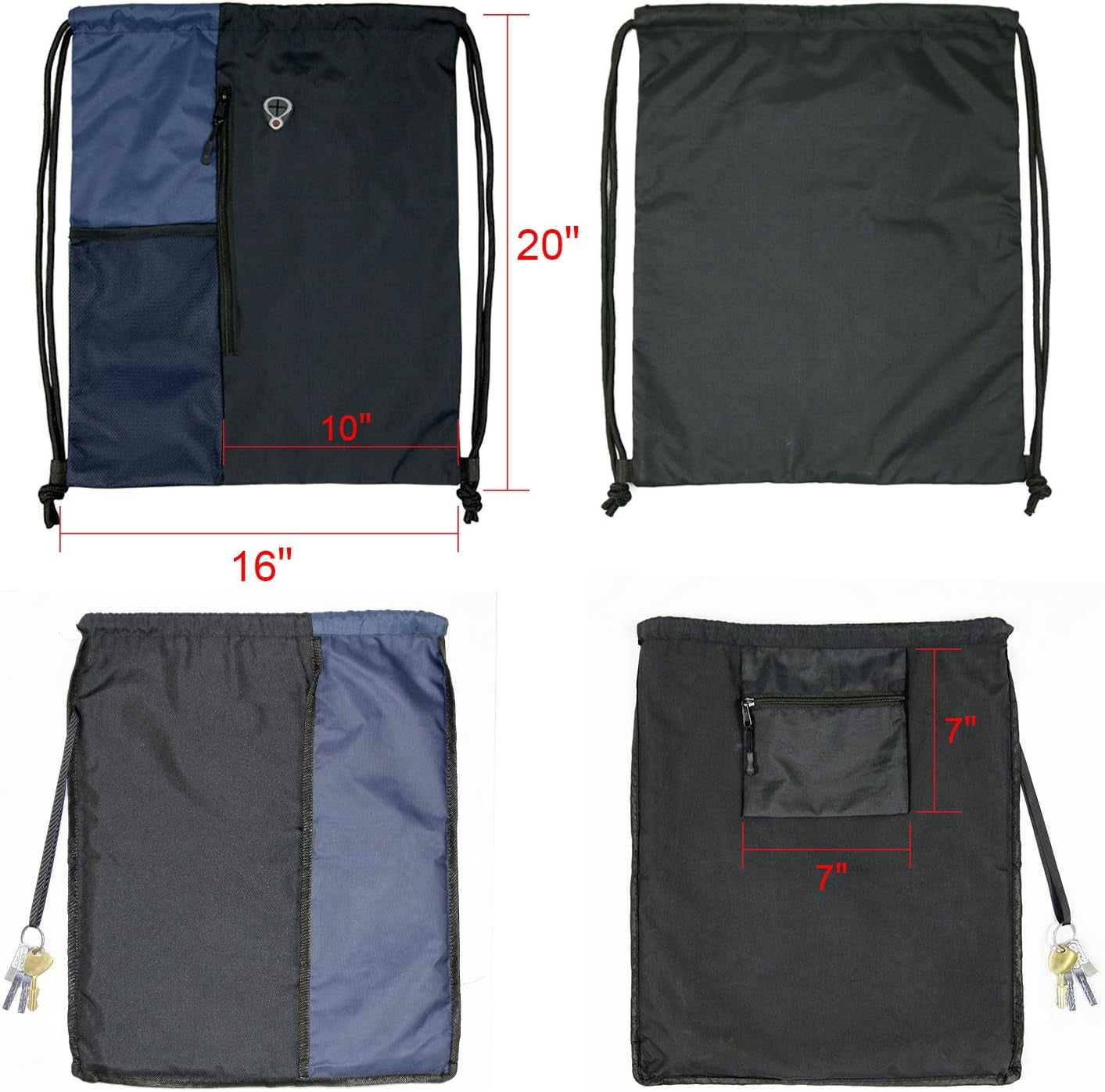 Large Drawstring Backpack Sports Gym Bag for Men and Women with Dual Zipper Pockets and Mesh Water Bottle Holders in Black and Navy