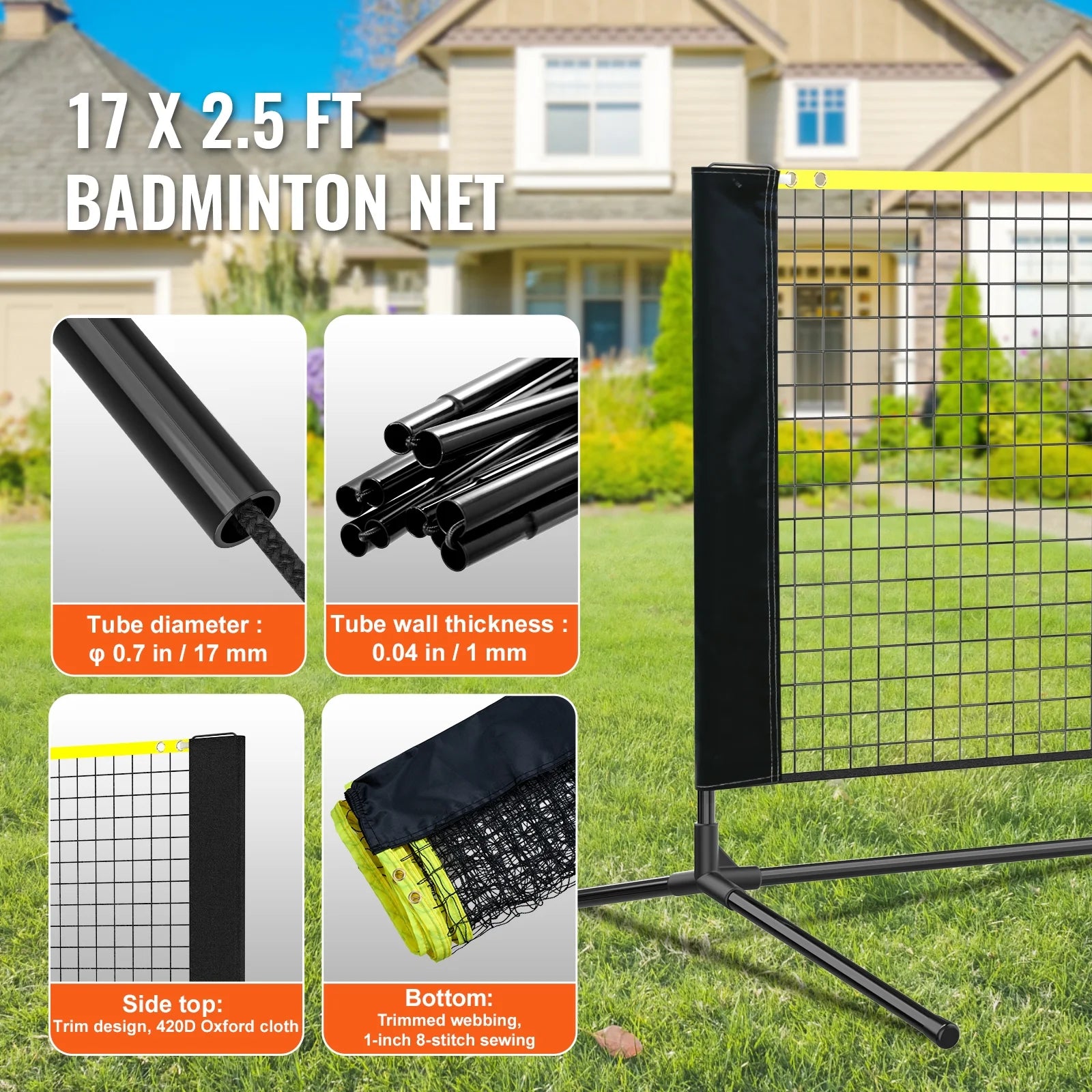 Multi-Sport Net Set, Adjustable Height for Badminton, Pickleball, and Tennis, 17Ft Width, Foldable and Portable Design with Poles, Base, and Travel Bag, Ideal for Family Fun