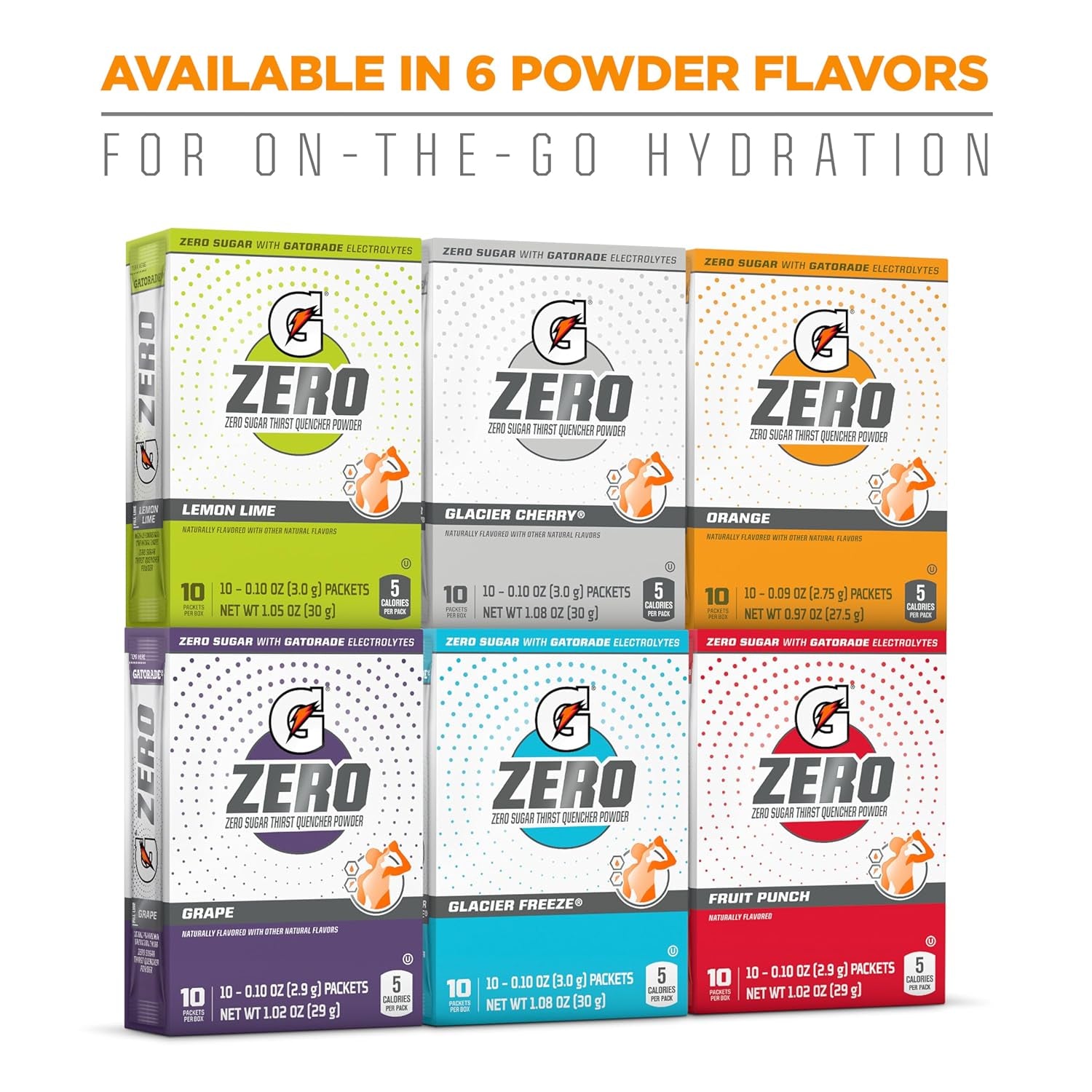 G Zero Electrolyte Powder Drink Mix Packets, Orange Flavor, Sugar-Free Hydration, 120 Count