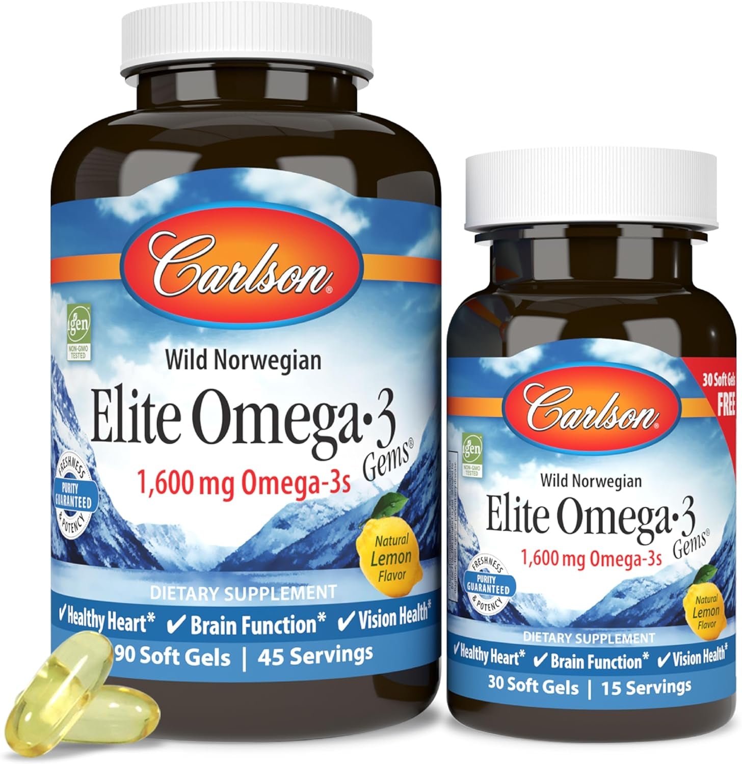 Labs Elite Omega-3 Fish Oil Softgels, 1600 mg, Natural Lemon Flavor, 2-Pack (120 Softgels Each)