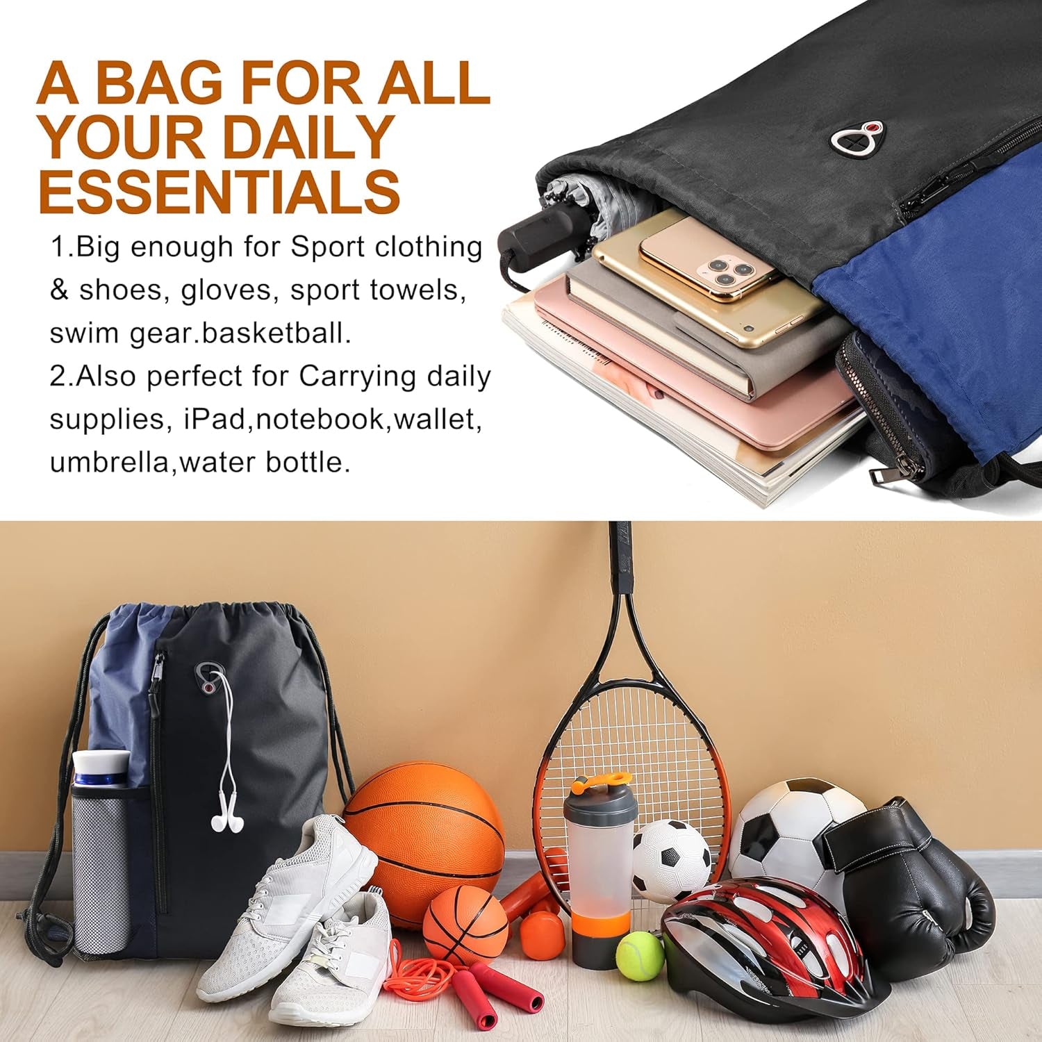 Large Drawstring Backpack Sports Gym Bag for Men and Women with Dual Zipper Pockets and Mesh Water Bottle Holders in Black and Navy