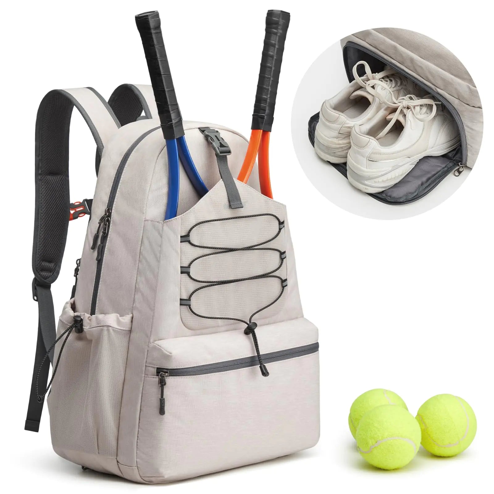 G4Free Large Pickleball & Tennis Bag, Backpack Style, Holds 4 Rackets, Shoe Compartment, Ivory L
