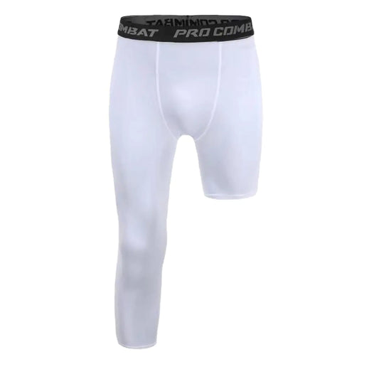 Jonscart Men?s 3/4 One Leg Compression Capri Tights Pants Athletic Base Layer Underwear (White-RS)